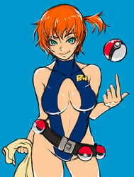 akairiot aqua_eyes belt blue_eyes breasts cleavage doodle female female_only human human_only kasumi_(pokemon) leotard looking_at_viewer nintendo orange_hair poke_ball pokemon short_hair sketch smile solo standing towel waist_poke_ball water wet