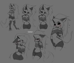 2023 anthro blush bottomwear breasts canid canid_demon canine closed_eyes clothed clothing crop_top crossed_arms demon female finger_fuck fingering fingering_self genitals greyscale hand_on_breast hand_on_hip hellhound helluva_boss hi_res looking loona_(helluva_boss) mammal masturbation monochrome mythological_canine mythological_creature mythology pleasured pussy shirt shorts sketch sketch_page solo spot_color tomiku topwear vaginal_masturbation vaginal_penetration