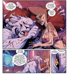 1boy1girl after_sex alien alien_girl battle_beast bedroom blood breasts comic comic_page covered_breasts dialogue feline_humanoid fish_girl image_comics interuption invincible invincible_(comics) lion messy_bed thresha_(invincible)