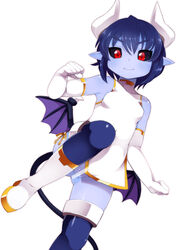 black_sclera blue_skin censored demon_girl demon_tail elbow_gloves female gloves horns lillithlauda original pointy_ears pussy red_eyes solo tail thighhighs wings younger