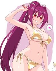 1boy 1girls bikini blush ecchi gold_bikini heart hearts hetero hyde_kido implied_heterosexuality implied_straight japanese looking_at_viewer nosebleed ponytail roy_rx seductive_look seductive_pose smile smiling_at_viewer straight teasing teasing_viewer under_night_in-birth yuzuriha_(under_night_in-birth)