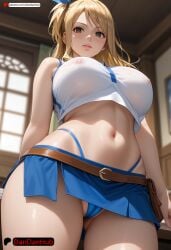 ai_generated ass_visible_through_thighs bangs bare_shoulders belt blonde_hair blue_panties blue_skirt blush breasts brown_eyes cameltoe covered_nipples crop_top dandanhub fairy_tail female from_below highleg large_breasts long_hair looking_at_viewer lucy_heartfilia midriff navel nipples one_side_up panties parted_lips see-through shirt skirt solo stomach thighs underwear