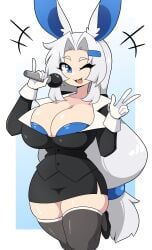 1girls big_breasts blue_eyes bunny_ears bunny_girl cleavage commission female female_only gloves hi_res j5daigada long_hair looking_at_viewer microphone smiling smiling_at_viewer solo stockings suit thick_thighs thigh_squish tied_hair white_gloves white_hair wide_hips wink winking_at_viewer