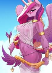 alicorn anthro arrow_(weapon) ass big_breasts big_butt blush bow_(weapon) breasts chrysalisdraws clothing equid equine eyebrows eyelashes female friendship_is_magic hasbro heart_eyes heart_symbol hi_res holding_bow_(weapon) holding_object holding_ranged_weapon holding_weapon horn long_hair looking_at_viewer mammal multicolored_hair multicolored_tail my_little_pony mythological_creature mythological_equine mythology nipples princess_cadance_(mlp) ranged_weapon smile smiling_at_viewer solo tail translucent translucent_clothing weapon wings