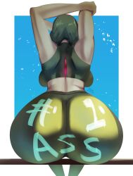 1girls antenna antennae anthro arms_up artist_name ass ass_focus back blue_background blush bob_cut body_blush border breasts colored_skin commission creatures_(company) crop_top ear english_text female female_focus game_freak gardevoir gen_3_pokemon green_hair green_pants green_tank_top hand_on_own_elbow highres huge_ass large_breasts legs light_rays looking_away_from_viewer nintendo numbered pants pixiv_commission png pokemon pokemon_(creature) pokemon_(species) presenting sana!rpg shiny_clothes shiny_skin short_hair signature sitting solo solo_focus spandex spandex_pants stretching tagme tank_top thick_thighs thighs white_border white_skin wide_hips