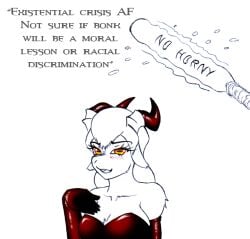 anthro english english_text funny furry galejro goat goat_eyes goat_girl horizontal_pupils horns latex long_gloves nirva_(galejro) no_horny yellow_eyes