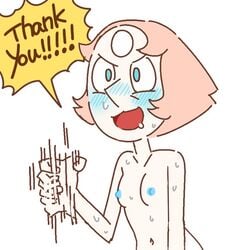 ! blue_eyes blue_nipples blush breasts collarbone english_text female female_only forehead_jewel gem_(species) gnome-no invisible_penis motion_lines navel nude pearl_(steven_universe) pink_hair short_hair small_breasts solo speech_bubble steven_universe sweat text white_background white_skin