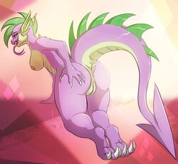 2015 anthro anus barb_(mlp) blitzdrachin breasts dragon fangs female friendship_is_magic green_eyes my_little_pony nipples nude pussy rule_63 smooth_skin solo spike_(mlp) tongue tongue_out