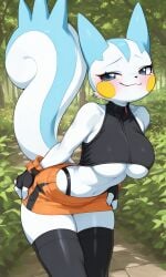 ai_generated crop_top fingerless_gloves furry hand_on_hip highleg_panties orange_miniskirt pachirisu pokemon pokemon_(species) shoulderless_topwear smug_grin squirrel_girl squirrel_tail thighhighs underboob