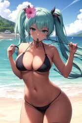 1girl ai_generated aqua_eyes aqua_hair bare_arms bare_shoulders beach bikini black_bikini black_ribbon blue_sky blush brazilian_miku breasts cleavage closed_mouth cloud collarbone cowboy_shot day female floating_hair flower groin hair_between_eyes hair_flower hair_ornament hair_ribbon halterneck hands_up hatsune_miku hibiscus holding large_breasts long_hair looking_at_viewer mountainous_horizon mouth_hold navel ocean outdoors pink_flower pixiv rena_aikawa_(pixiv_user) ribbon sand sidelocks skindentation sky smile solo stable_diffusion standing stomach strap_pull string_bikini swimsuit thigh_strap thighs tree twintails underboob very_long_hair vocaloid water wide_hips