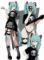 1girls ass ass_visible_through_thighs emo emo_girl female female_focus female_only fishnet_legwear fishnets hatsune_miku hips kekel light-skinned_female light_skin looking_at_viewer midriff solo striped_panties thighs twintails vocaloid