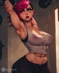 abs ai_generated aisinful arcane big_breasts blue_eyes blush gym hi_res large_breasts league_of_legends lips muscular_female nipples pink_hair see-through see-through_clothing short_hair sidecut stretching sweat sweatdrop sweating thick_lips vi_(league_of_legends) wide_hips