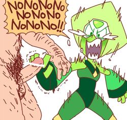 alien_girl arm_grab blonde_hair censored clothed clothed_female clothed_female_nude_male crying english_text forced gem gem_(species) gnome-no hairy_arms hairy_balls hairy_legs limb_enhancers male no nude nude_male peridot_(steven_universe) pubic_hair sexual_harassment shaking size_difference steven_universe tagme text trembling unseen_male_face yelling