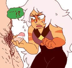 ! !? ... ? ?! censored clothed_female_nude_male female gem_(species) gnome-no jasper_(steven_universe) long_hair looking_at_penis male male_focus nervous orange_skin penis_awe penis_grab pubic_hair steven_universe sweat unseen_male_face white_hair