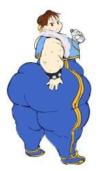 arm_fat bbw big_belly big_breasts big_butt bodysuit bottom_heavy brown_eyes brown_hair chun-li chun-li_(street_fighter_alpha) fapolantern fat fat_folds flabby_arms flabby_legs hairbuns hand_on_butt looking_back looking_back_at_viewer obese obese_female obese_human ssbbw street_fighter street_fighter_alpha studded_bracelet sweat thick_calves thick_thighs towel towel_around_neck vertical_stripes vest water_bottle wide_hips