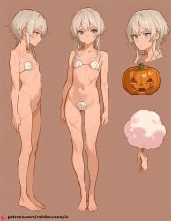 ai_generated candle character_sheet cotton_candy_ drenched_in_rain flat_chest furrowed_brow izayoi_miku jack-o'-lantern scars standing