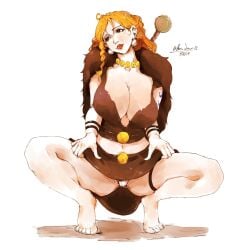 ass_visible_from_the_front ass_visible_through_thighs barefoot bikini bon_drawr braided_hair brown_bikini feet fur_pelt legs legs_apart looking_away midriff nami one_piece one_piece:_elbaf_arc orange_hair panties panties_peek skirt spread_legs sword sword_hilt sword_on_back thigh_strap thighs