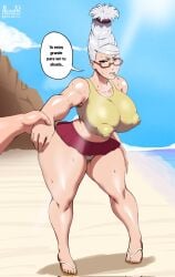 1girls alviriaart ayase_seiko beach big_breasts breasts busty cameltoe cigarette dandadan dialogue female female_focus glasses holding_hands huge_breasts large_breasts nipple_bulge outdoors pov sweat sweaty_body talking_to_viewer text thick_thighs translation_request white_hair wide_hips