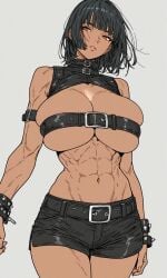 1girls abs ai_generated andava_(style) belt belt_bra belt_buckle black_hair black_shorts breasts cas_(kosine1777) choker dark-skinned_female dark_skin female flat_colors huge_breasts kosine1777 kosineverse leather_vest muscular muscular_female original original_character short_hair shorts skindentation solo solo_female spiked_bracelet thick_thighs thighs tomboy top_heavy underboob vest