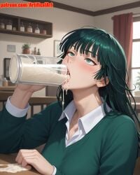 1girls ai_generated artifical_art big_breasts blush cum cum_in_mouth curvaceous_female cute_face dark_green_hair dripping_cum dripping_semen fubuki_(one-punch_man) green_eyes green_hair light-skinned_female mature_female medium_hair one-punch_man open_mouth perfect_body short_hair voluptuous_female