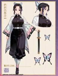 ai_generated animal_print belt black_hair black_pants butterfly butterfly_hair_ornament butterfly_print coat demon_slayer_uniform forehead gradient_hair hair_ornament hands_supporting_breasts haori huge_breasts japanese_clothes kochou_shinobu model_sheet multicolored_hair pants parted_bangs purple_hair short_hair tears two-tone_hair uniform