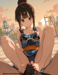 1boy ai_generated beautfiul_background chi-chi_(dragon_ball) expressionless footjob playground pov small_breasts stunning_backgroud sunset_glow warm_breeze