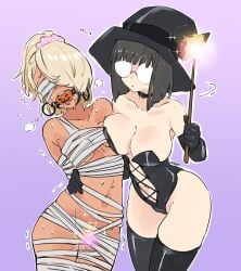 2girls ball_gag bandage big_breasts black_hair blindfold blonde_female blonde_hair bondage breasts choker collar dominant_female drooling duo elbow_gloves eudetenis female female/female femdom femsub gag gagged glasses green_eyes halloween jack-o'-lantern lezdom magic magic_wand momoka_(pretzelfan) multiple_girls original pretzelfan pussy_juice reika_(pretzelfan) scrunchie small_breasts submissive submissive_female sweat thighhighs wand witch witch_hat yuri