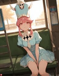 ai_generated beautfiul_background blowjob boots bus_stop disgust dress indoors jakuzure_nonon kill_la_kill large_breasts pink_eyes pink_hair pov shako_cap sidelocks stunning_backgroud sunshine uniform