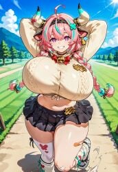 ai_generated ass ass_focus ass_grab big_ass big_breasts breast_grab breasts breasts_out cow_girl female female_only genshin_impact happy hoyoverse long_hair messingwithai pink_hair school_uniform solo solo_female thick thick_ass thick_thighs thighhighs thighs uniform varesa_(genshin_impact) white_body white_skin