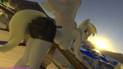 16:9 1girls 3d absurd_res anthro ass beach bent_over big_breasts big_butt blonde_hair bottomwear breasts casual_exposure clothed clothing derpy_hooves digital_media_(artwork) equid equine extremespeedslowpoke female friendship_is_magic hasbro hi_res looking_back mammal my_little_pony mythological_creature mythological_equine mythology nipples outside pegasus seaside shorts solo sun topless widescreen wings