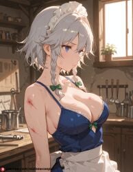 ai_generated beautfiul_background bruised izayoi_sakuya large_breasts over-the-shoulder rainbowcoopie sakuya_izayoi steaming_body stunning_backgroud thinking touhou workshop wounded