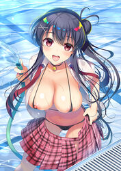 accidental_exposure areolae asahina_hikage bangs bare_legs bell bell_collar bikini black_bikini black_hair blush breasts cleavage collar collarbone collared_shirt commentary_request day eyebrows_visible_through_hair female from_above hair_bun hair_ornament hose large_breasts long_hair looking_at_viewer looking_up micro_bikini navel necktie nipple_slip nipples open_clothes open_mouth open_shirt open_skirt original outdoors plaid plaid_skirt pleated_skirt ponytail pool red_eyes red_neckwear see-through shirt short_sleeves side_ponytail skirt smile solo standing swimsuit undressing wading wardrobe_malfunction water wet wet_clothes wet_shirt white_shirt x_hair_ornament