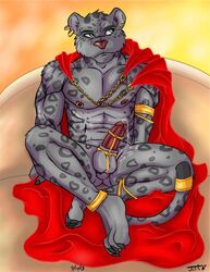 1boy balls cape chains clothing clownboy1 cum erection feline free general king leopard male male_only mammal muscular nipples nude penis piercing precum relaxing robe royalty sitting solo spots throne zeis