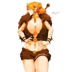 1girls bikini bon_drawr braided_hair breasts brown_bikini clothing female female_only fur_pelt inner_sideboob large_breasts looking_away midriff nami nami_(elbaf) nami_(one_piece) navel nipple_bulge one_piece one_piece:_elbaf_arc orange_hair pokies solo solo_focus sword sword_hilt sword_on_back thighs