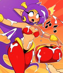 ass belly bodily_fluids breasts cum cum_on_body dancing ear_piercing ear_ring ejaculation female genital_fluids hair half_genie hi_res male piercing ponytail puppysnackz purple_hair ring_piercing shantae shantae_(series) solo surprised_expression thick_thighs wayforward