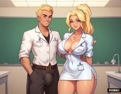 ai_generated big_ass big_breasts big_bulge big_butt big_thighs blonde_female blonde_hair blonde_hair_female blonde_hair_male blonde_male bulge bulge_through_clothing cute cute_face doctor female female_doctor female_scientist huge_bulge lab_coat labcoat laboratory n_1611 scientist slutty_clothes thick_ass thick_thighs wide_hips