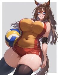 ai_generated animal_ears blue_eyes brown_hair el_condor_pasa_(umamusume) female horse_girl long_hair mask masked umamusume umamusume_pretty_derby volleyball_uniform