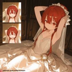 ai_generated character_sheet flat_chest hair_messy pakkoyan pakkoyan_(made_in_abyss) shivering sitting_with_hands_behind_head streaming_tears wedding_dress white_dress wounded