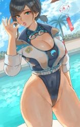 1girls absurd_res alluring big_breasts bikini blue_eyes blue_hair cleavage cleavage_cutout clothing_cutout dead_or_alive dead_or_alive_xtreme_venus_vacation dolphin_print high_res navel one-piece_bikini open_mouth ponytail reika_(doa) sexually_suggestive short_hair short_ponytail swimming_pool swimsuit tecmo thick_thighs thighs tongue tongue_out voidmakerz