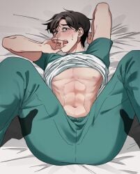 abs arms_above_head bed blush covering_mouth dubious_consent gay hand_on_thigh legs_apart legs_held_open male_only midriff muscular_male nipples no_visible_genitalia seong_gi-hun sheets solo_focus squid_game sweatdrop