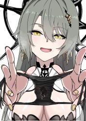 :d bikeibikei black_panties breasts cleavage_cutout clothing_cutout cum cum_in_clothes cum_in_panties dress female grey_hair highres holding_object holding_panties holding_underwear honkai_(series) honkai_impact_3rd large_breasts long_hair looking_at_viewer nail_polish open_mouth panties simple_background smile solo underwear vita_(eldritch_vantage)_(honkai_impact) vita_(honkai_impact) white_background white_dress yellow_background yellow_nails