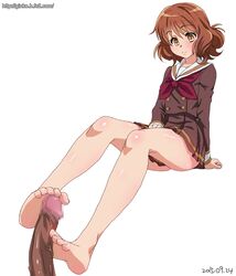 arm_support barefoot blush brown_hair censored clothing feet female footjob ginko_(silver_fox) hibike!_euphonium long_legs oumae_kumiko penis pleated_skirt school_uniform short_hair simple_background sitting skirt soles solo_focus thighs toes white_background