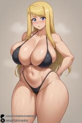 1girls ai_generated bangs bare_shoulders bikini black_bikini blonde_hair blue_eyes blush breasts cleavage collarbone cowboy_shot curvy fullmetal_alchemist fullmetal_alchemist_brotherhood highleg highleg_bikini huge_breasts long_hair looking_at_viewer navel open_mouth simple_background skindentation solo sweat swept_bangs swimsuit thick_thighs thighs unjobdespiert watermark wide_hips winry_rockbell