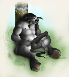 animal_genitalia anthro balls bovine hooves horn horsecock krownleth male mammal penis pose simple_background tauren totem video_games warcraft world_of_warcraft