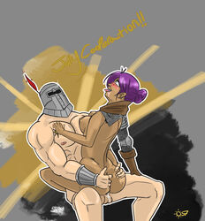 1boy ass cowboy cum dark_skin dark_souls drool female fromsoftware hair headgear helmet medieval_armour os7 purple_hair simple_background solaire_of_astora