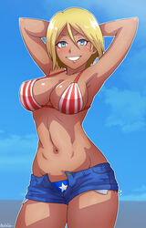 akairiot armpits arms_up bikini_top blonde_hair blue_eyes breasts cleavage female fully_clothed hands_behind_head large_breasts navel outdoors short_hair shorts smile solo standing tan tanned