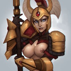 armor blue_eyes breasts dark-skinned_female dark_skin dota_2 female headgear helmet highres large_breasts legion_commander nipples nose_piercing piercing pixiepowderpuff polearm solo