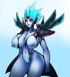 armor blue_hair blue_skin breasts dota_2 facial_mark female glowing glowing_hair large_breasts lewdreaper looking_at_viewer pauldrons pubic_hair pussy red_eyes short_hair smile solo torn_clothes vengeful_spirit