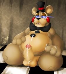 1boy 2015 animatronic anthro balls bear chubby color cum cum_on_balls cum_on_body cum_on_ground cum_on_hand cum_on_penis cum_on_stomach erection five_nights_at_freddy's five_nights_at_freddy's_2 fronnie frots furry glowing glowing_eyes half-closed_eyes hat inside looking_down machine male male_only mammal nude on_floor open_mouth penis robot sitting solo teeth thick_thighs toy_freddy_(fnaf) uncut video_games