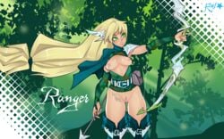 arrow belt blonde_hair boots bow bow_(weapon) breasts capelet character_name elf female freckles green green_eyes hair_ornament highres knee_boots long_hair nipple_piercing no_pants piercing pointing pointy_ears pouch rafasanruby ranger solo tattoo vambraces weapon